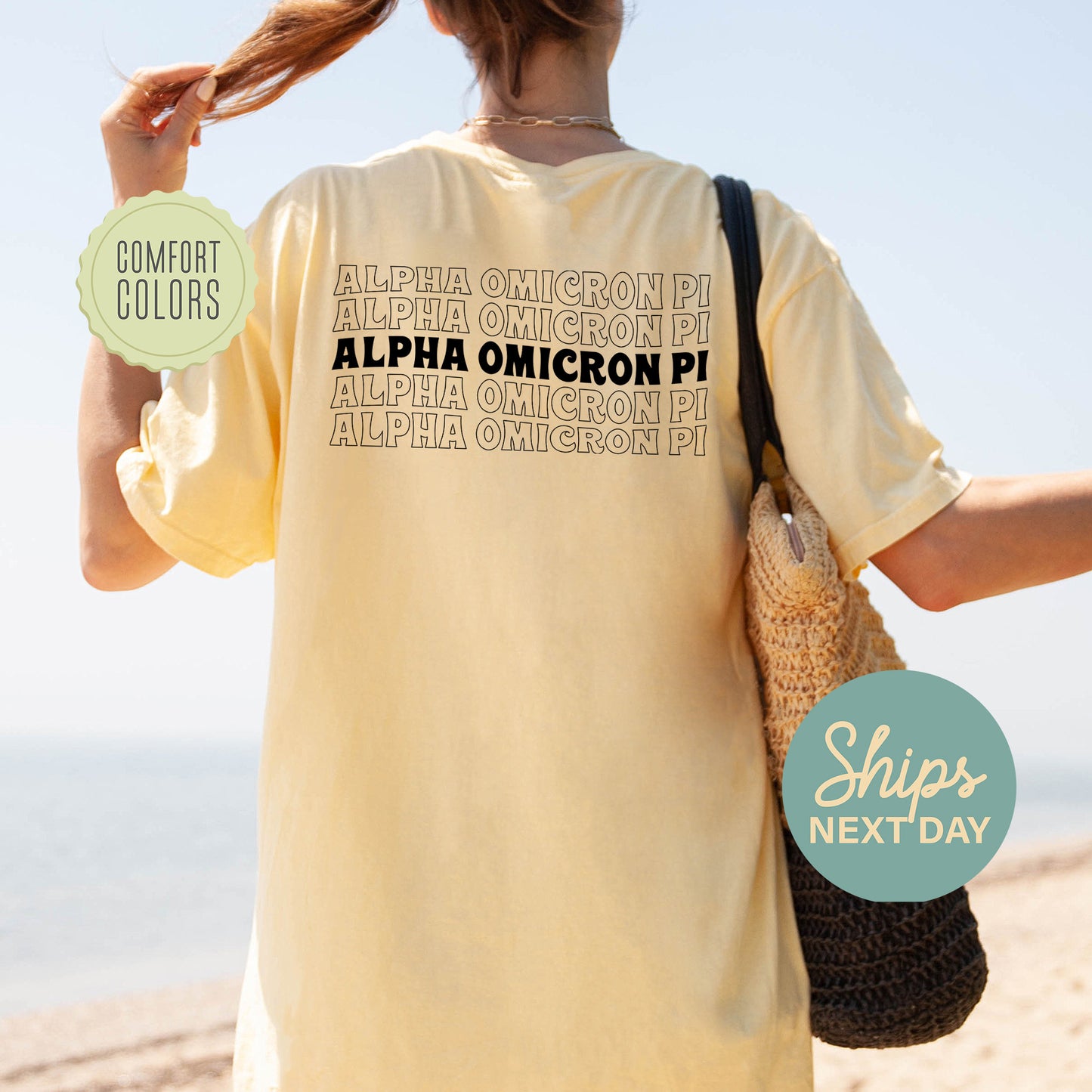 Alpha Omicron Pi Wavy Letters Comfort Colors Sorority T-shirt _ 33402g