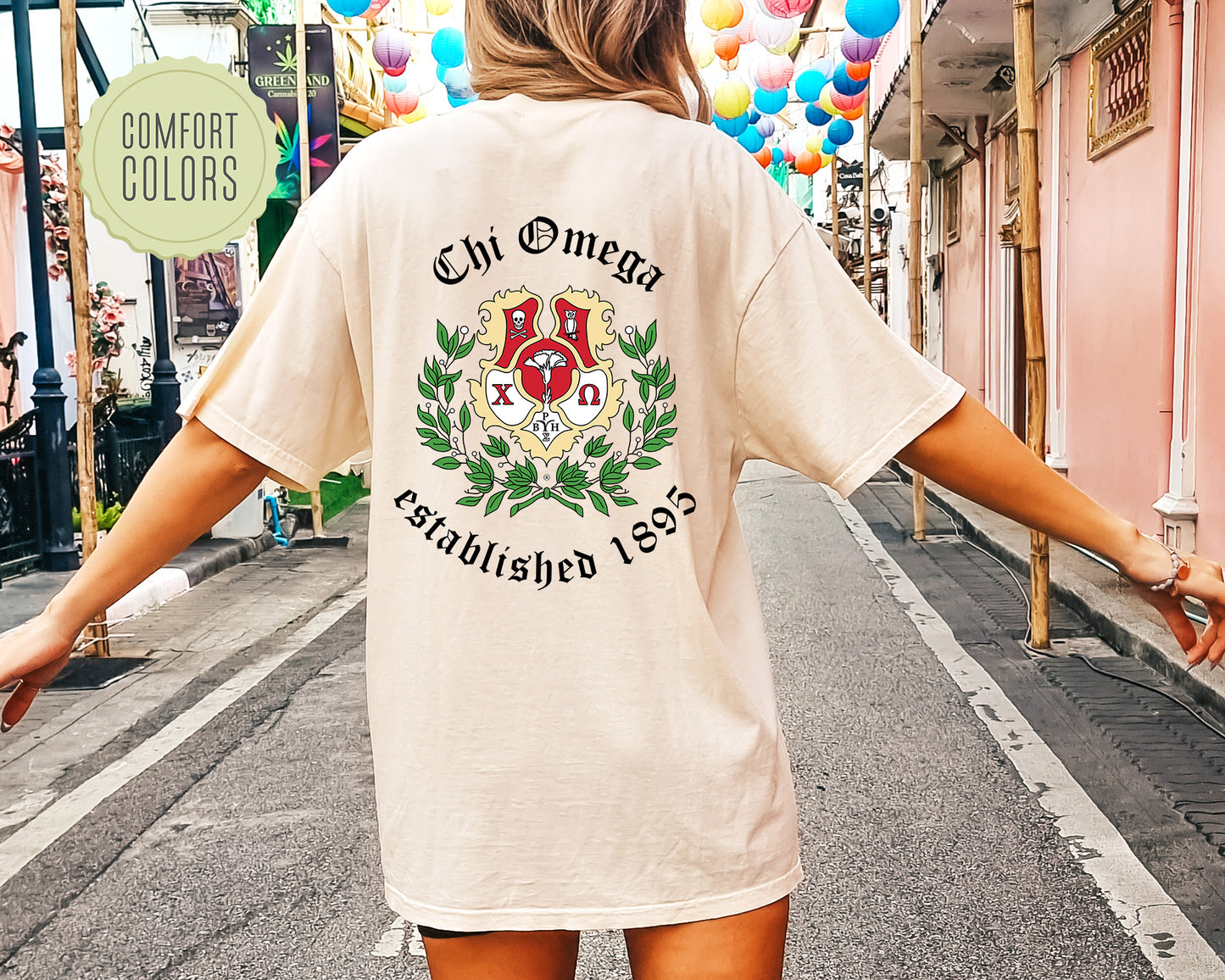 Chi Omega Old English Crest Comfort Colors Sorority T-shirt _ 32929g