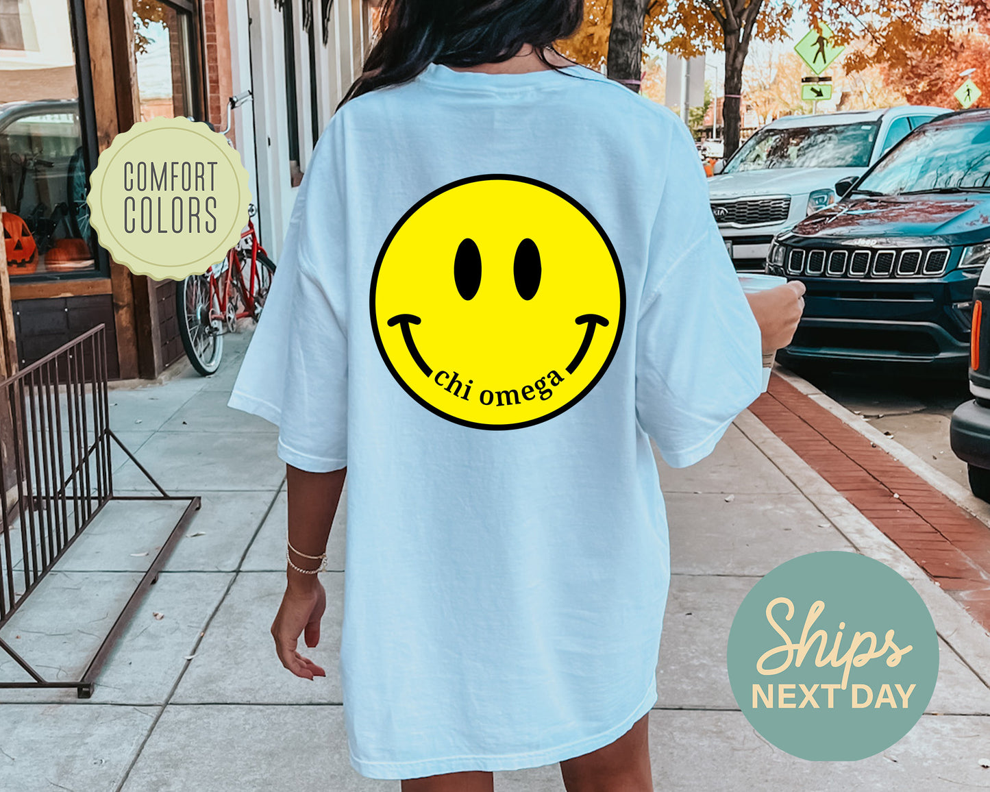 Chi Omega Smiley Face Comfort Colors Sorority T-shirt _ 32851g