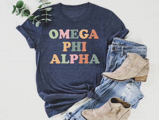 Omega Phi Alpha Bright and Colorful Sorority T-shirt _ 3476g