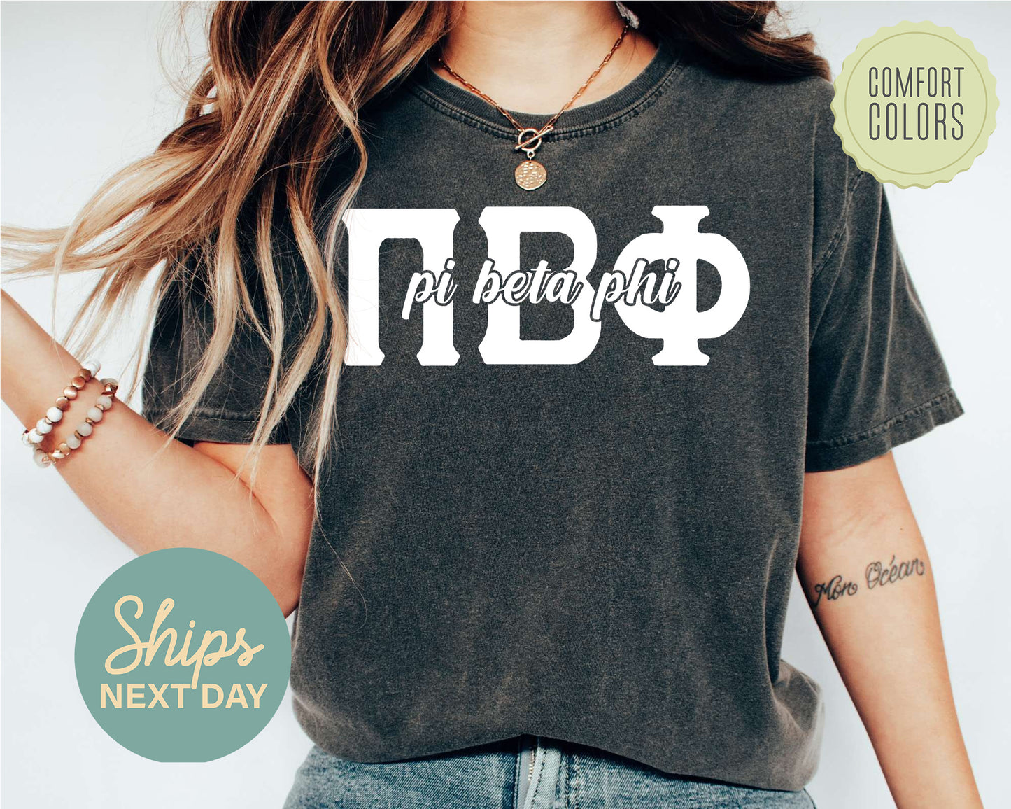 Pi Beta Phi Sliced White Letters Comfort Colors Sorority T-shirt _ 2258g