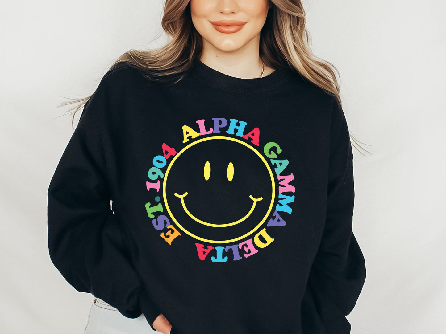 Alpha Gamma Delta Radiating Smiley Face Sorority Sweatshirt _ 3230g