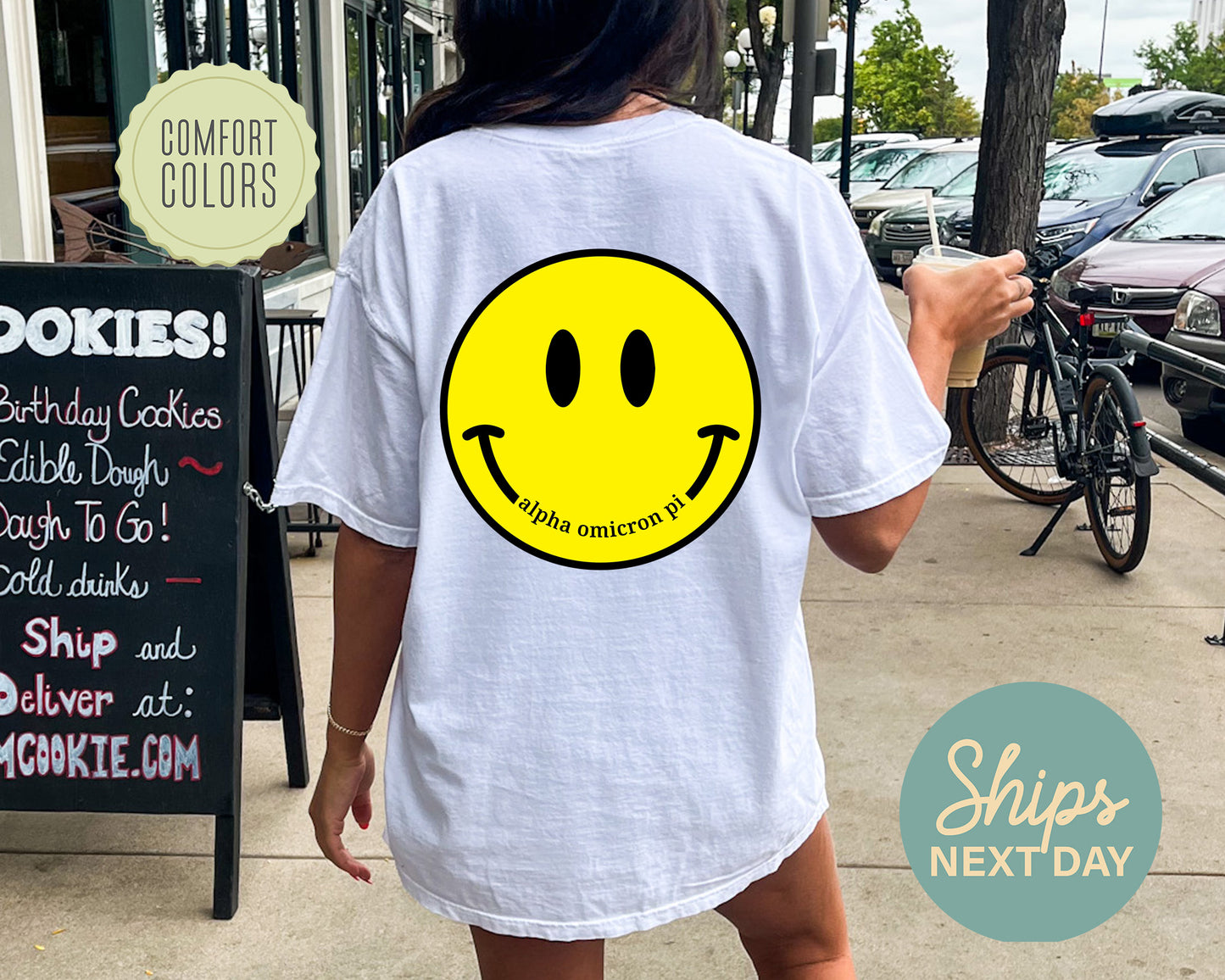 Alpha Omicron Pi Smiley Face Comfort Colors Sorority T-shirt _ 32846g