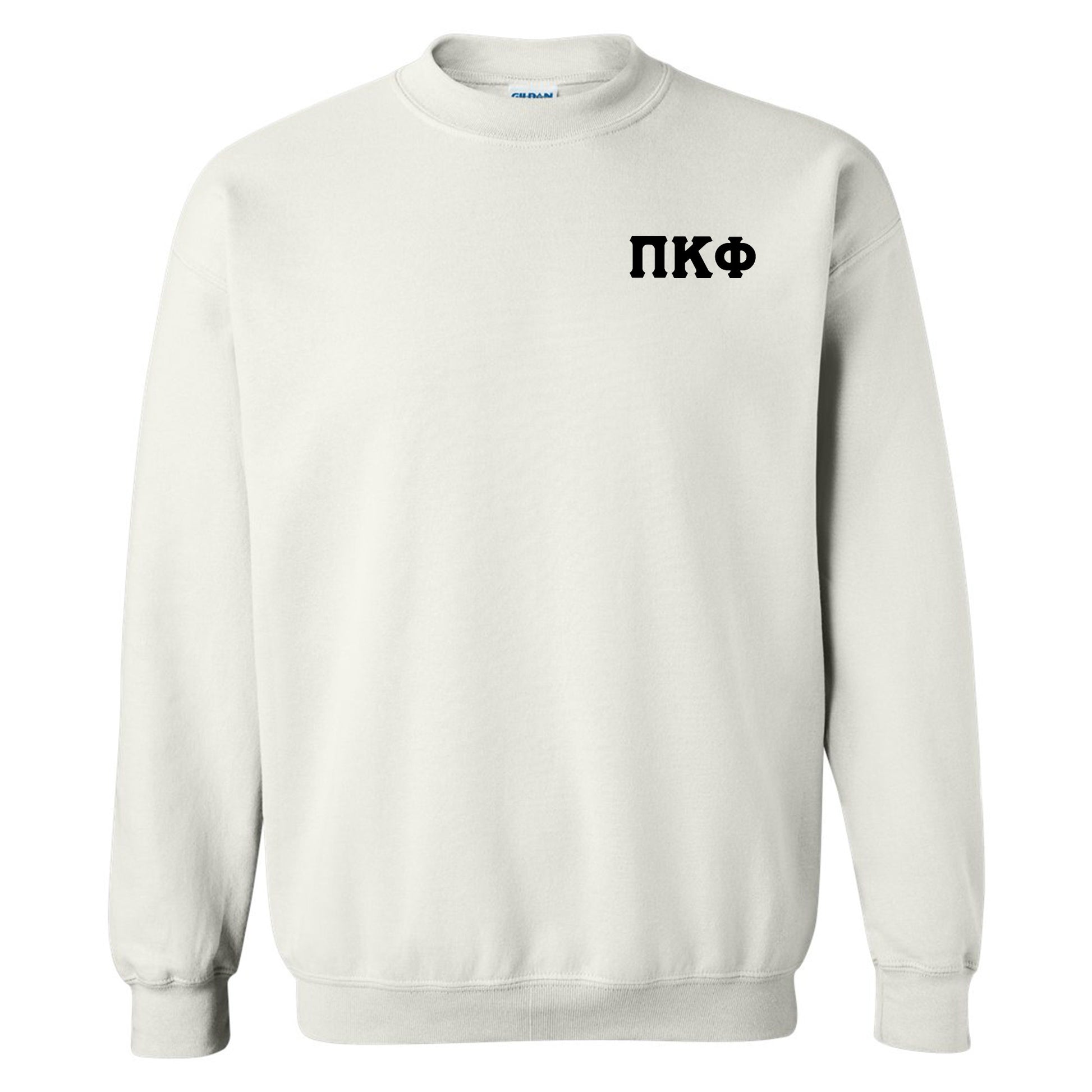 a white sweatshirt with a black logo on it