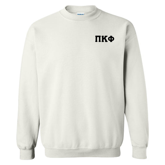 a white sweatshirt with a black logo on it