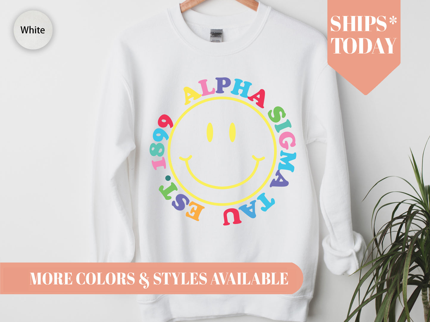 Alpha Sigma Tau Radiating Smiley Face Sorority Sweatshirt _ 3234g