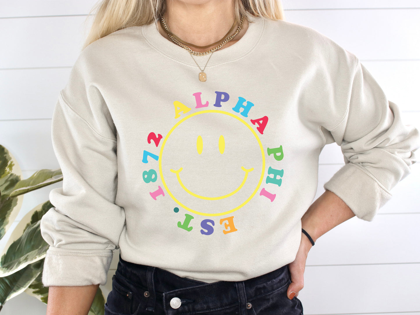 Alpha Phi Radiating Smiley Face Sorority Sweatshirt _ 3232g