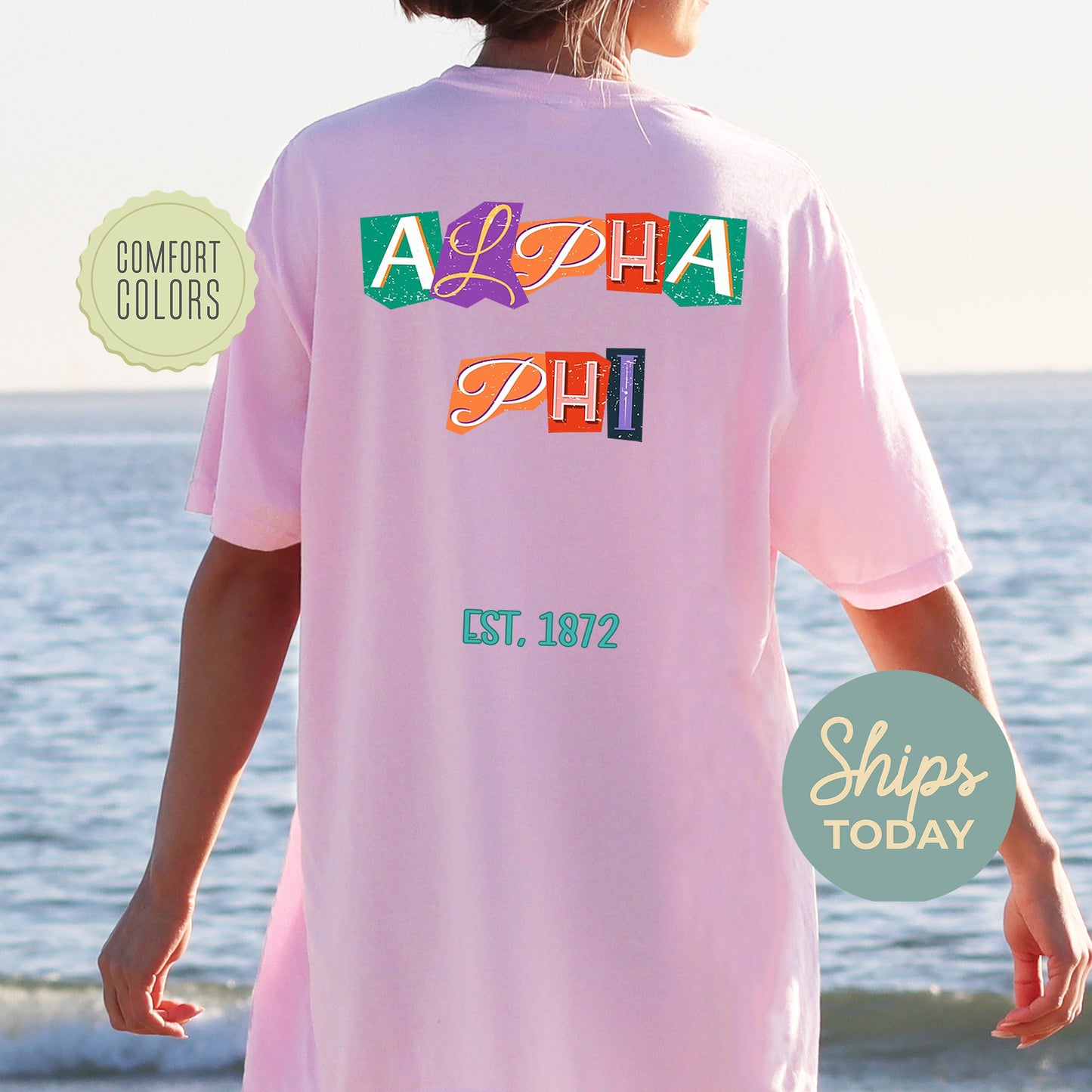 Alpha Phi Letter Cuts Comfort Colors Sorority T-shirt _ 35892g