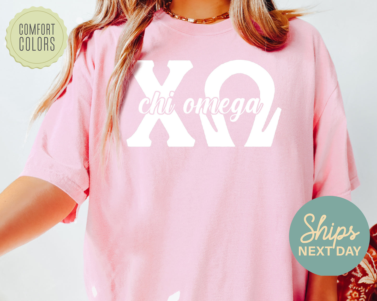 Chi Omega Sliced White Letters Comfort Colors Sorority T-shirt _ 2247g
