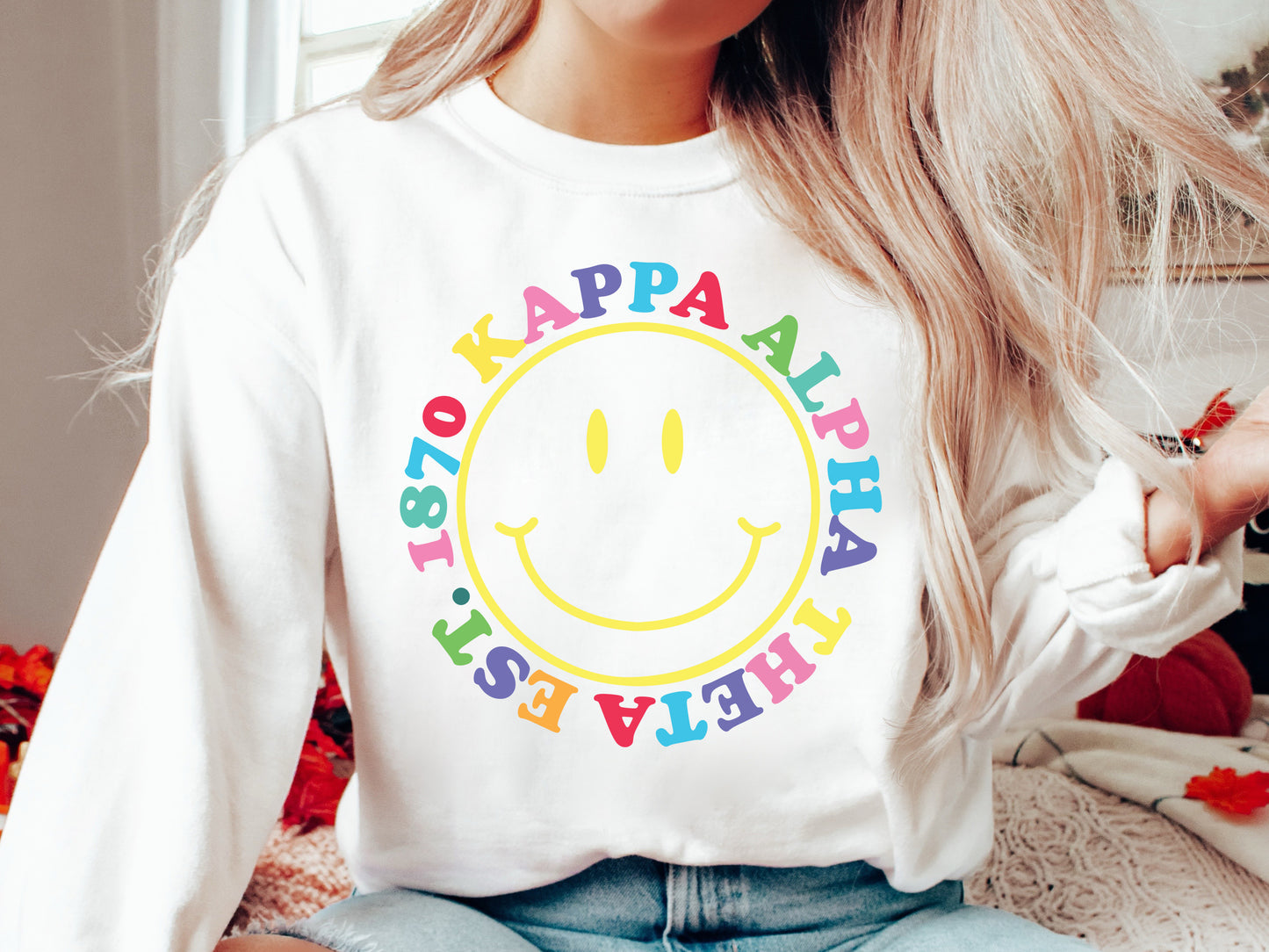 Kappa Alpha Theta Radiating Smiley Face Sorority Sweatshirt _ 3244g