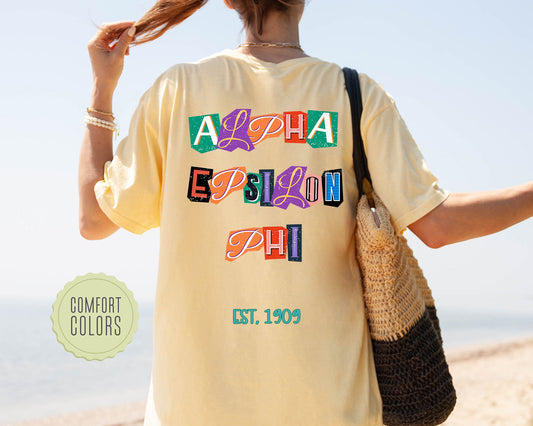 Alpha Epsilon Phi Letter Cuts Comfort Colors Sorority T-shirt _ 35889g