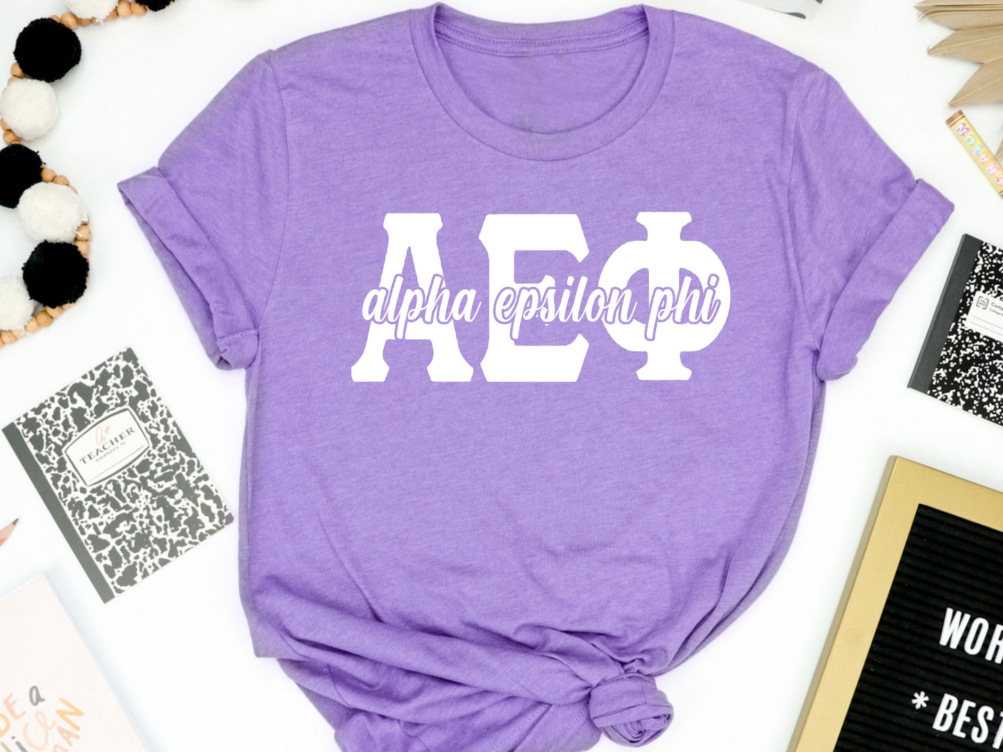 Alpha Epsilon Phi Sliced White Letters Sorority T-shirt _ 2240g