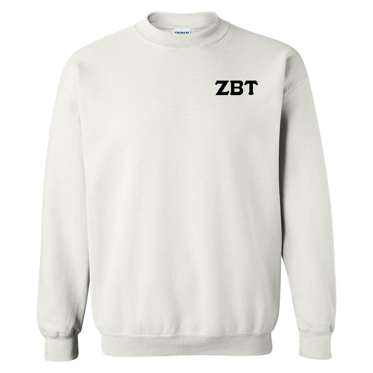 a white sweatshirt with a black zbt logo on it