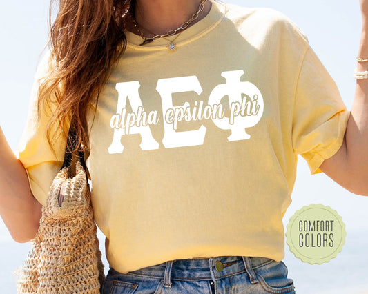 Alpha Epsilon Phi Sliced White Letters Comfort Colors Sorority T-shirt _ 2240g