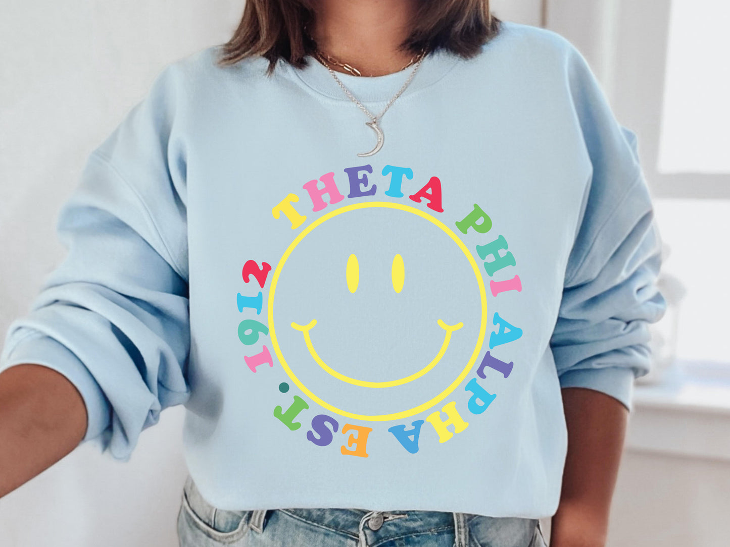 Theta Phi Alpha Radiating Smiley Face Sorority Sweatshirt _ 3253g