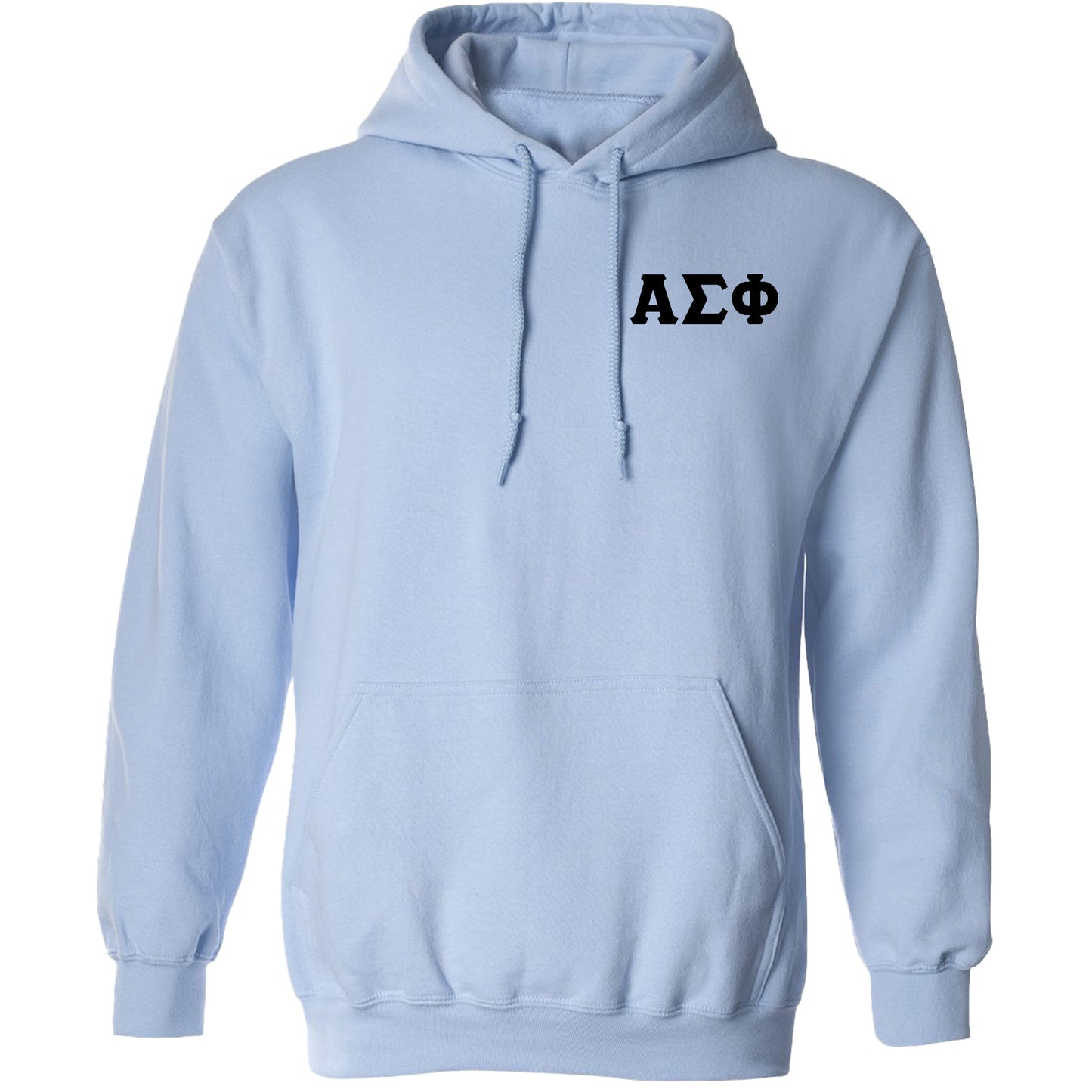 a light blue hoodie with a greek letter on it