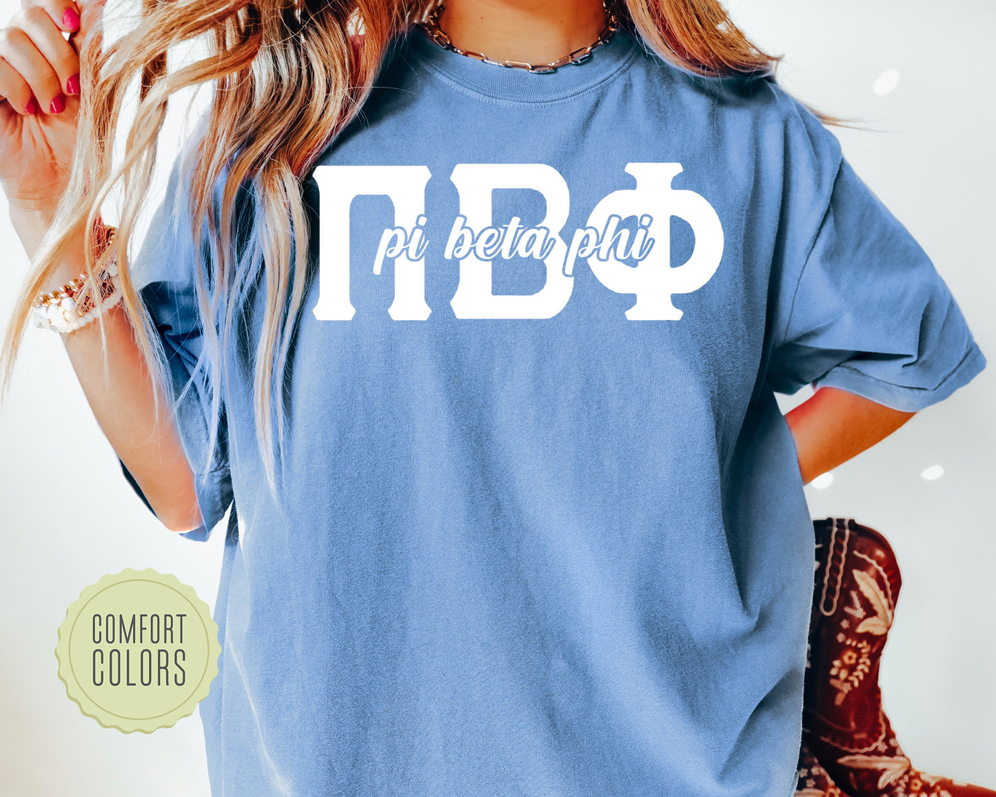 Pi Beta Phi Sliced White Letters Comfort Colors Sorority T-shirt _ 2258g