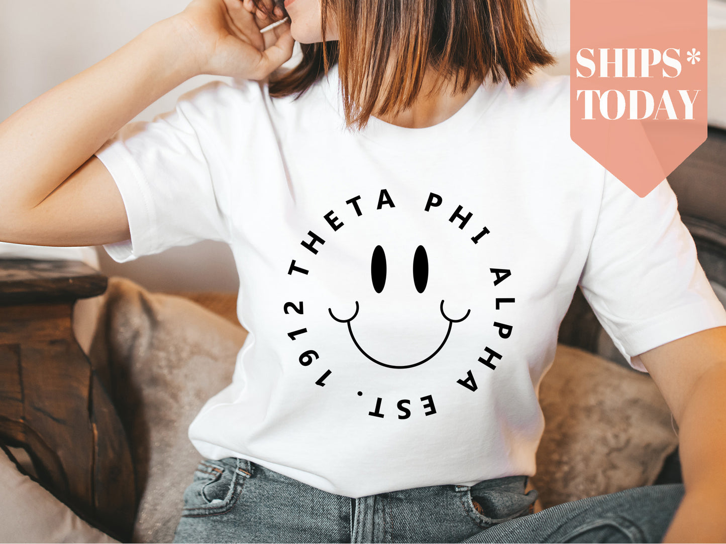 Theta Phi Alpha Smiley Face Halo Sorority T-shirt _ 2523g