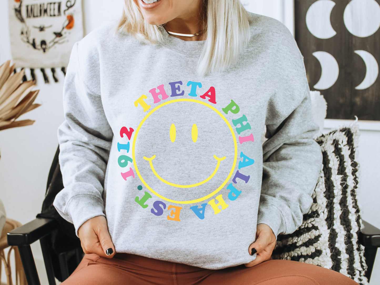 Theta Phi Alpha Radiating Smiley Face Sorority Sweatshirt _ 3253g