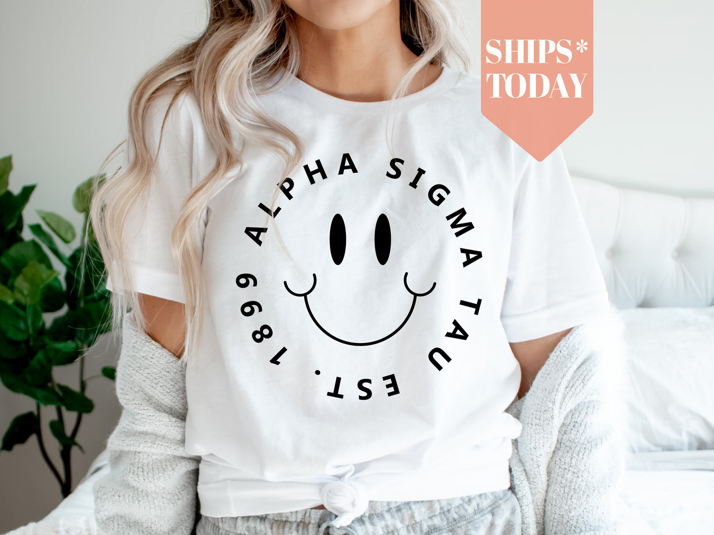 Alpha Sigma Tau Smiley Face Halo Sorority T-shirt _ 2506g
