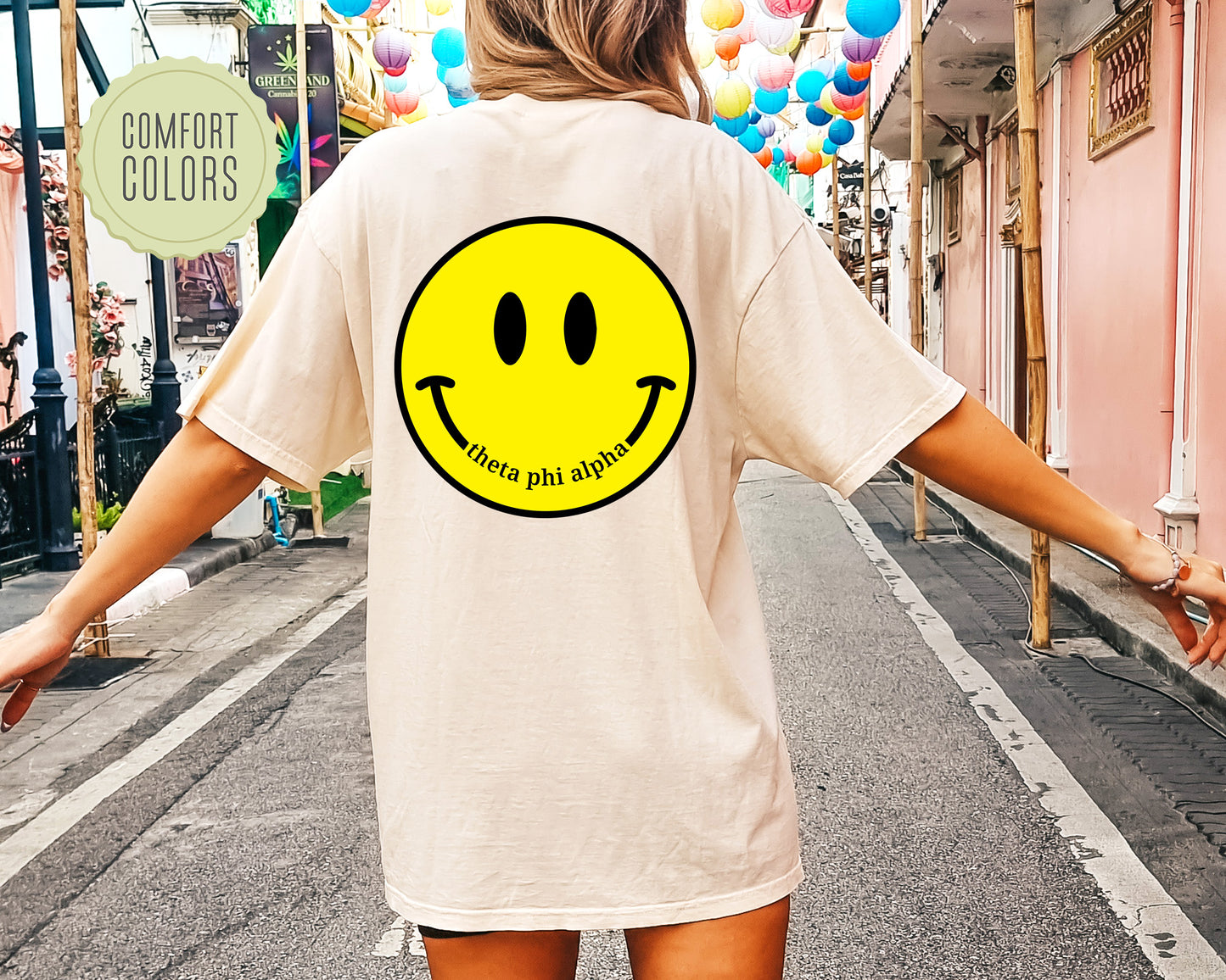 Theta Phi Alpha Smiley Face Comfort Colors Sorority T-shirt _ 32866g