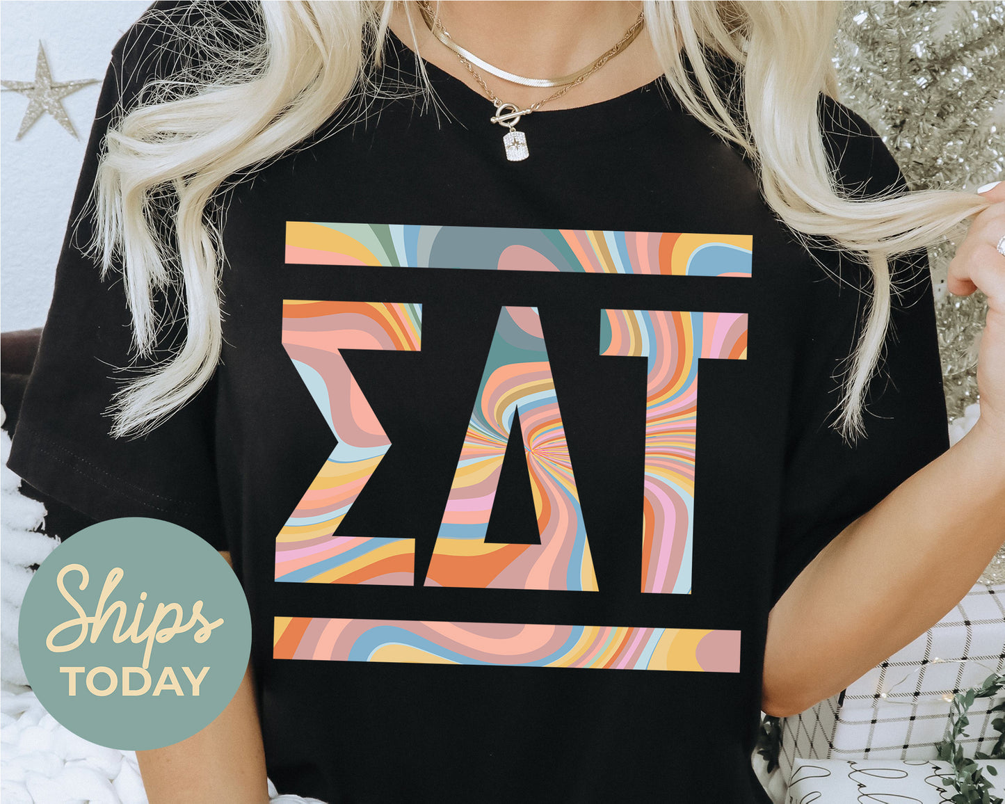 Sigma Delta Tau Multicolor Letters Sorority T-shirt _ 30482g