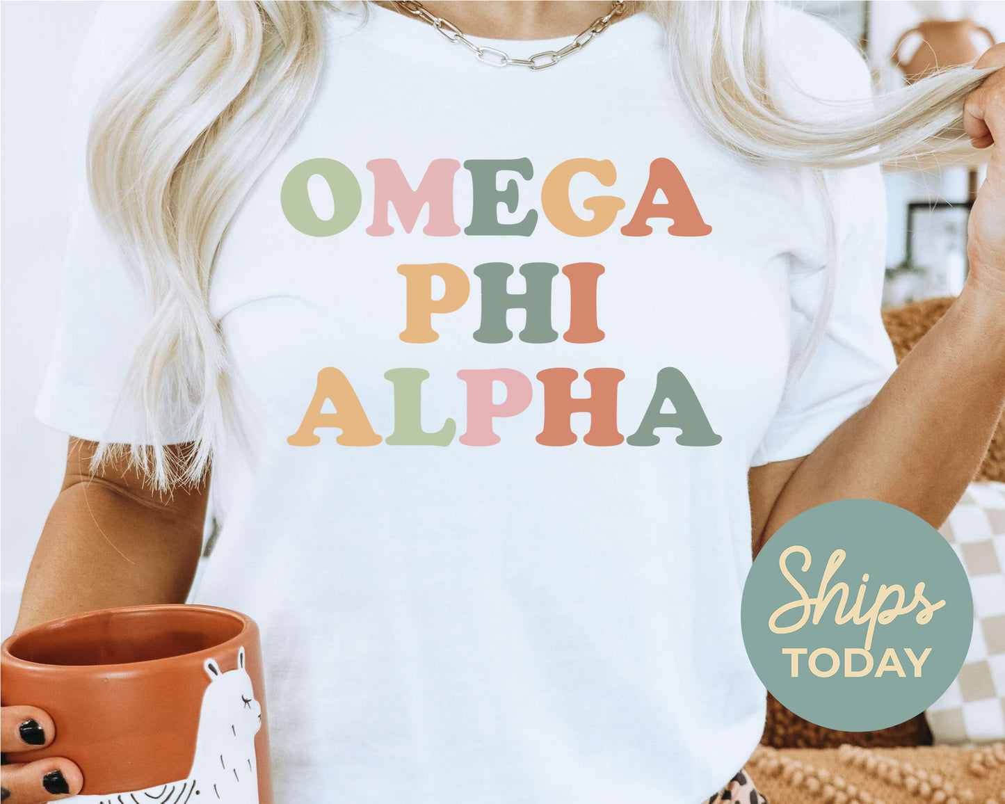 Omega Phi Alpha Bright and Colorful Sorority T-shirt _ 3476g