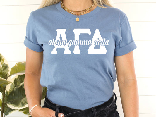 Alpha Gamma Delta Sliced White Letters Sorority T-shirt _ 2241g