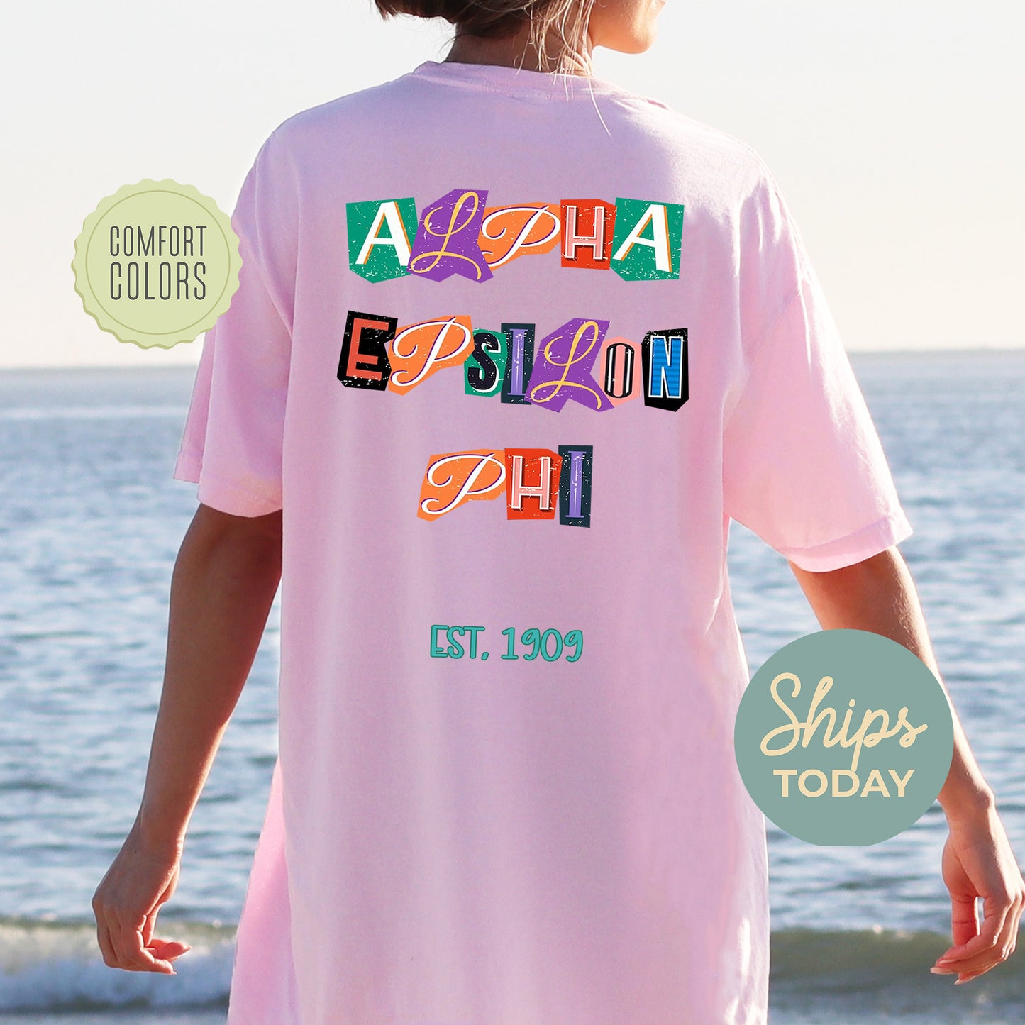 Alpha Epsilon Phi Letter Cuts Comfort Colors Sorority T-shirt _ 35889g