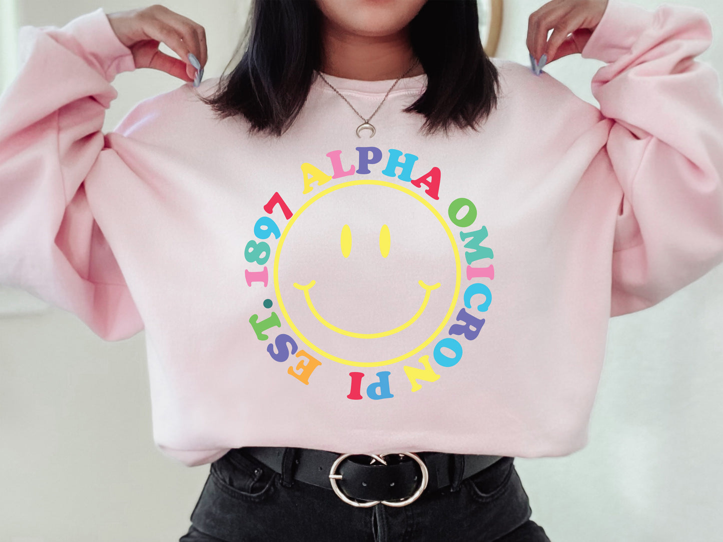 Alpha Omicron Pi Radiating Smiley Face Sorority Sweatshirt _ 3231g
