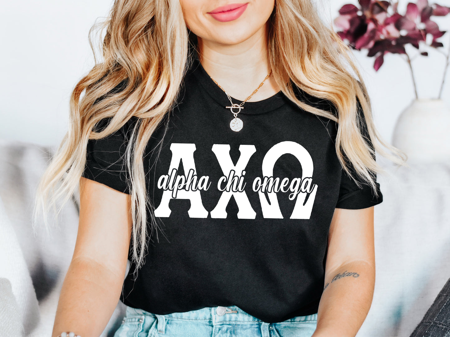 Alpha Chi Omega Sliced White Letters Sorority T-shirt _ 2238g
