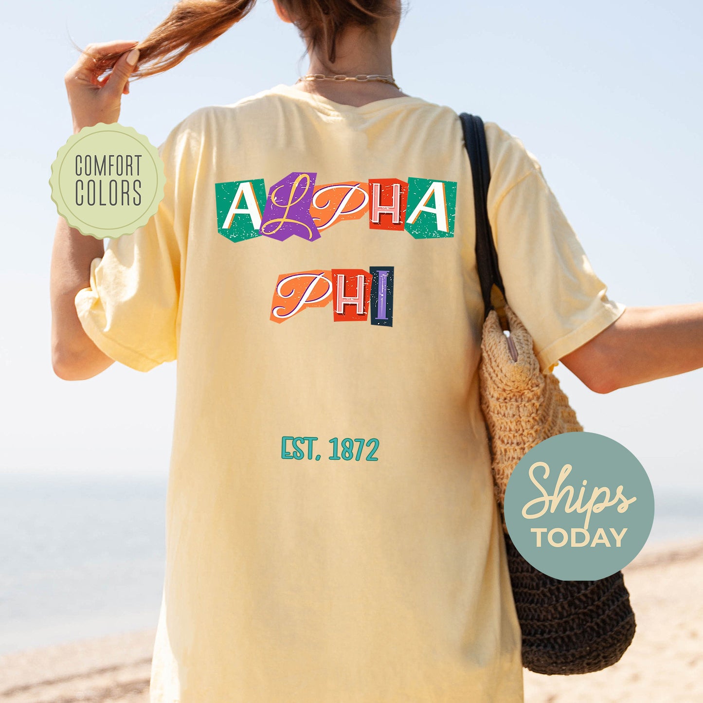 Alpha Phi Letter Cuts Comfort Colors Sorority T-shirt _ 35892g