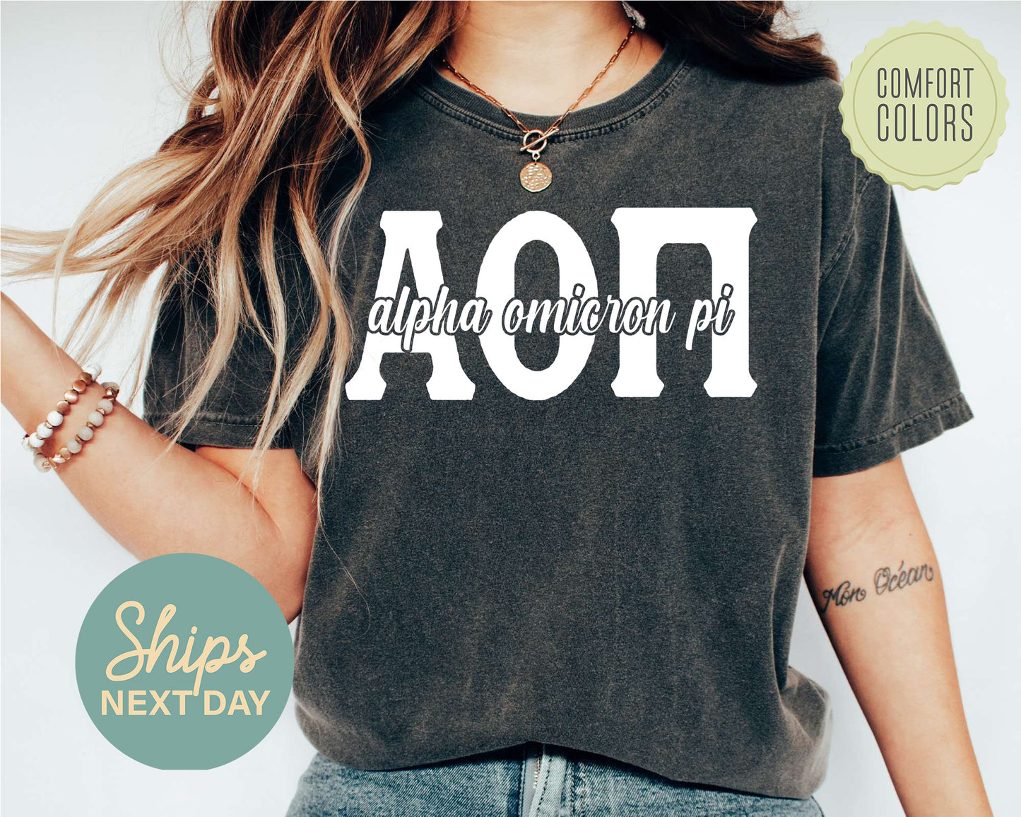 Alpha Omicron Pi Sliced White Letters Comfort Colors Sorority T-shirt _ 2242g