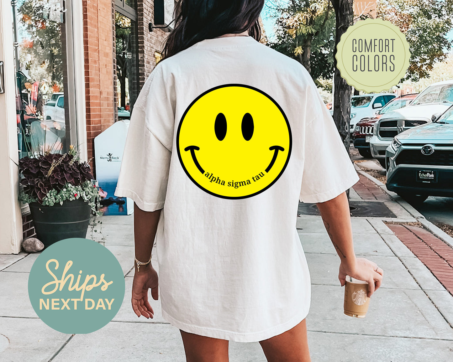 Alpha Sigma Tau Smiley Face Comfort Colors Sorority T-shirt _ 32849g
