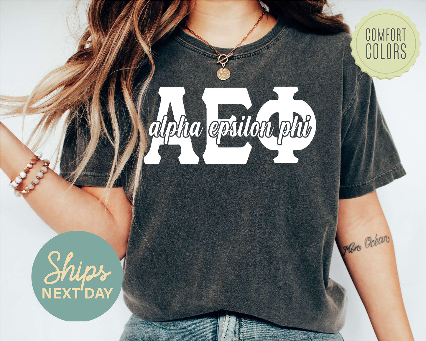 Alpha Epsilon Phi Sliced White Letters Comfort Colors Sorority T-shirt _ 2240g