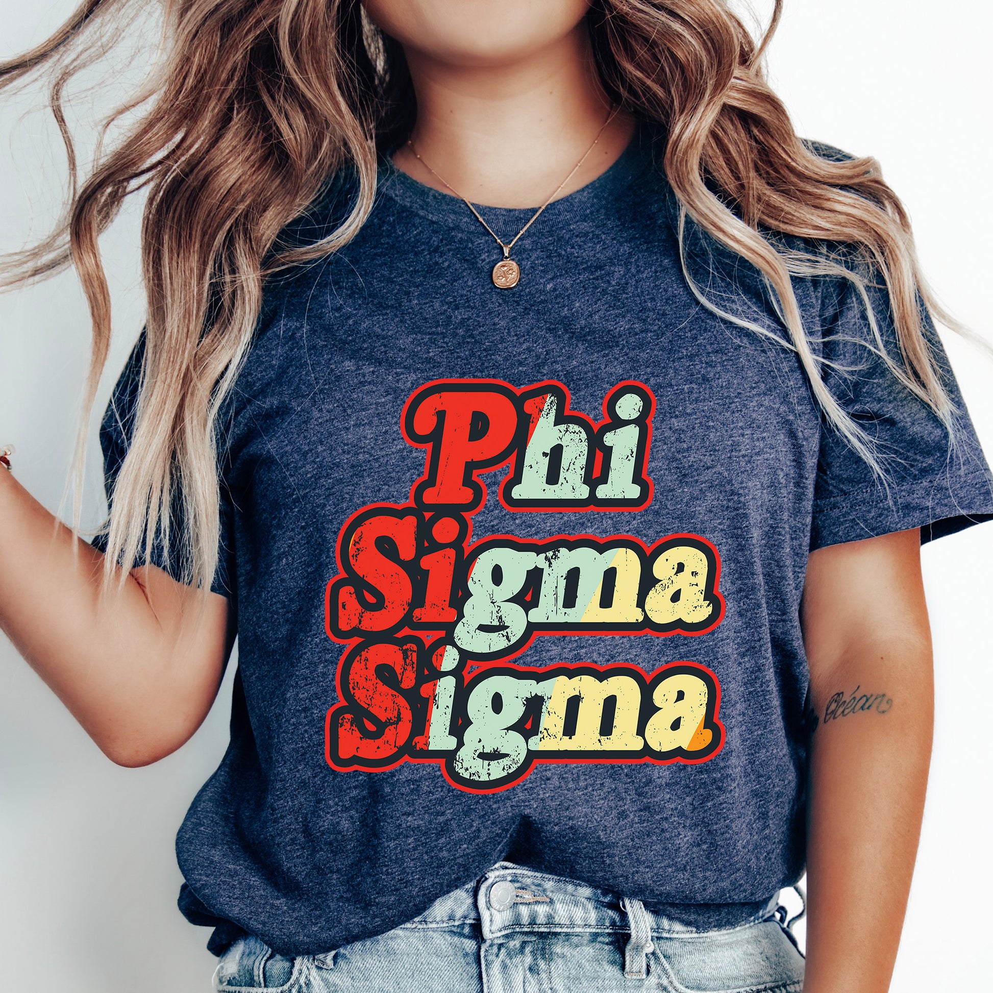 a woman with long hair wearing a phi sign t - shirt
