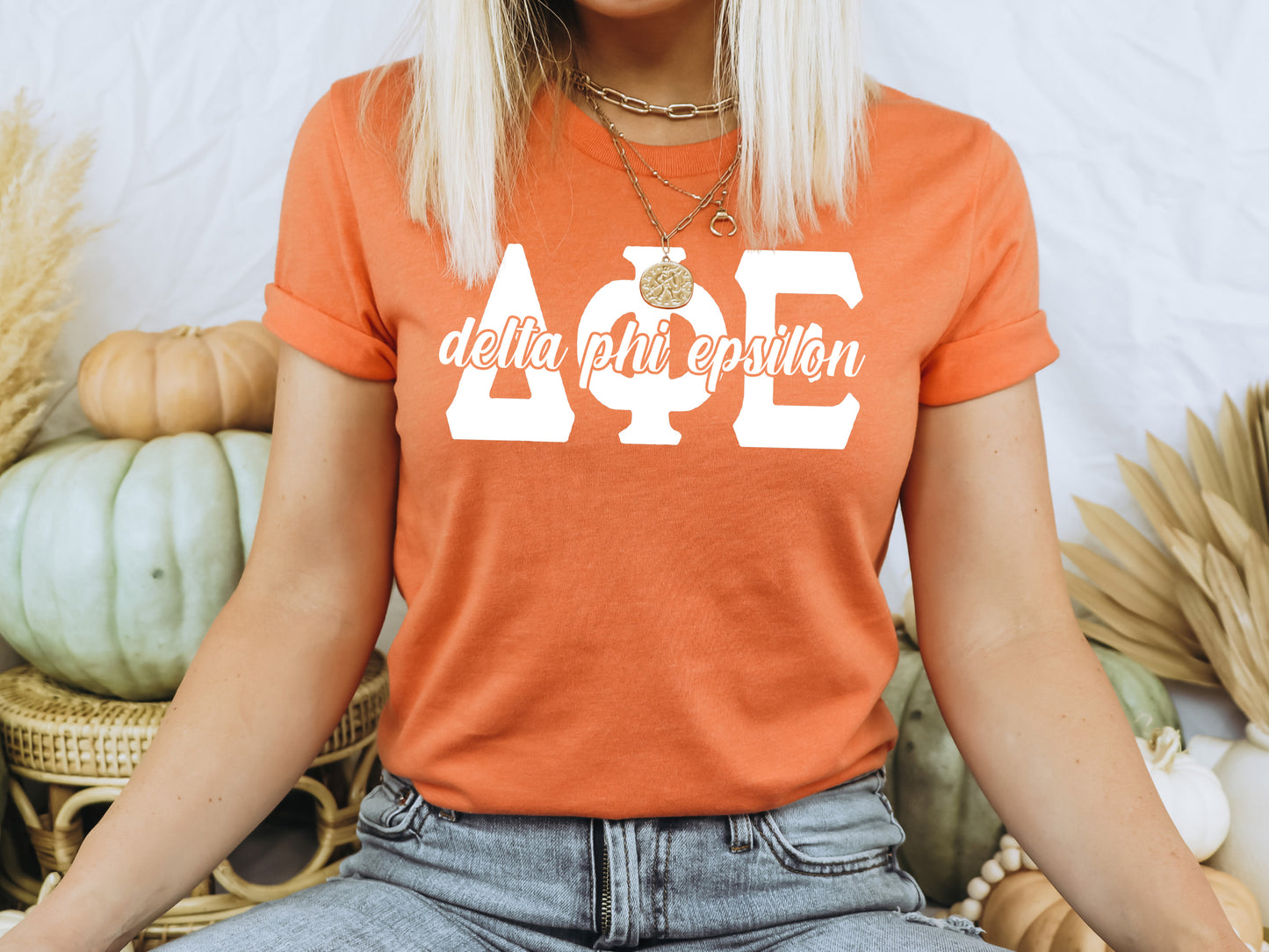 Delta Phi Epsilon Sliced White Letters Sorority T-shirt _ 2250g