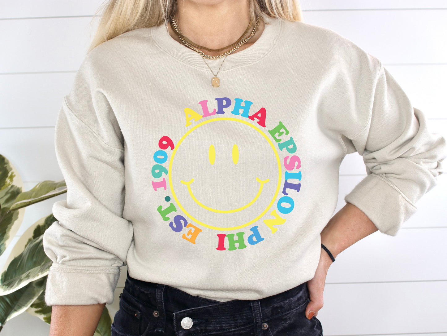 Alpha Epsilon Phi Radiating Smiley Face Sorority Sweatshirt _ 3229g
