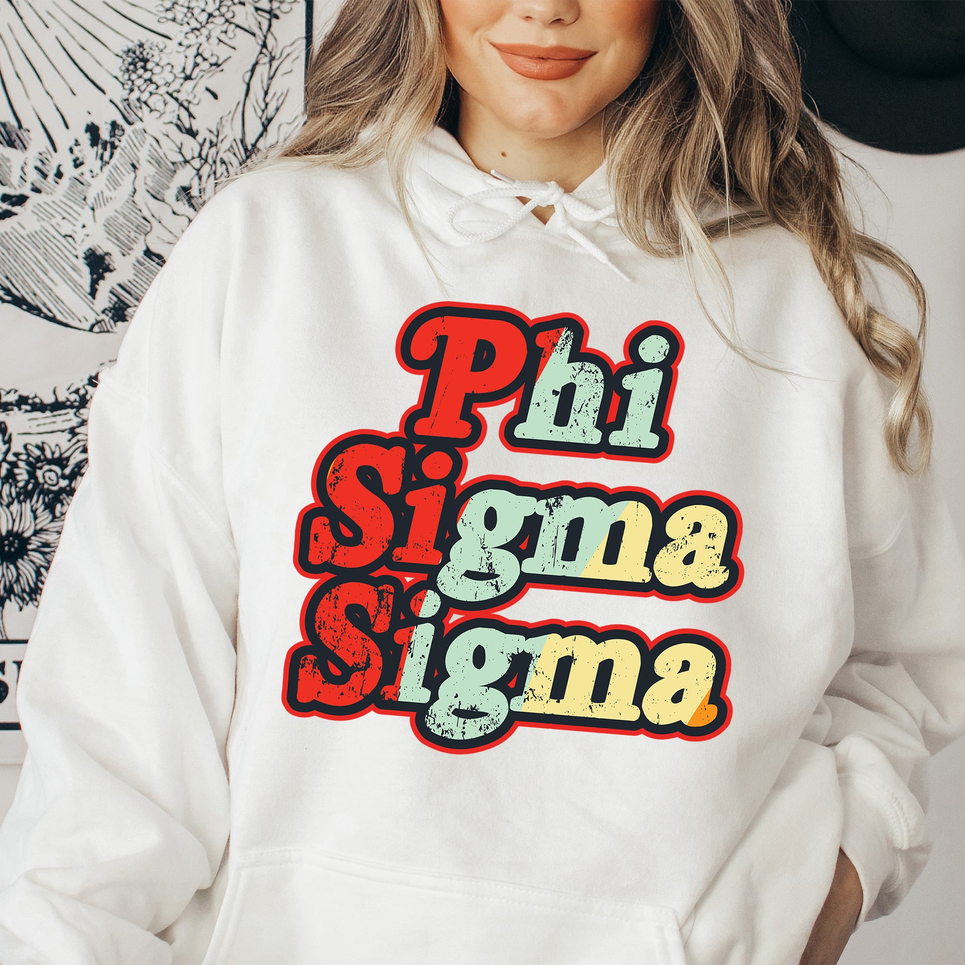 a woman wearing a white hoodie that says phi sizing stigma