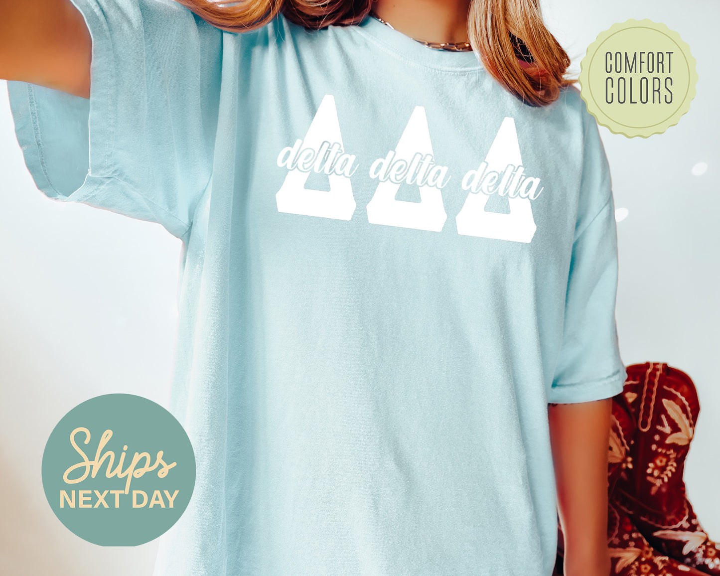 Delta Delta Delta Sliced White Letters Comfort Colors Sorority T-shirt _ 2248g