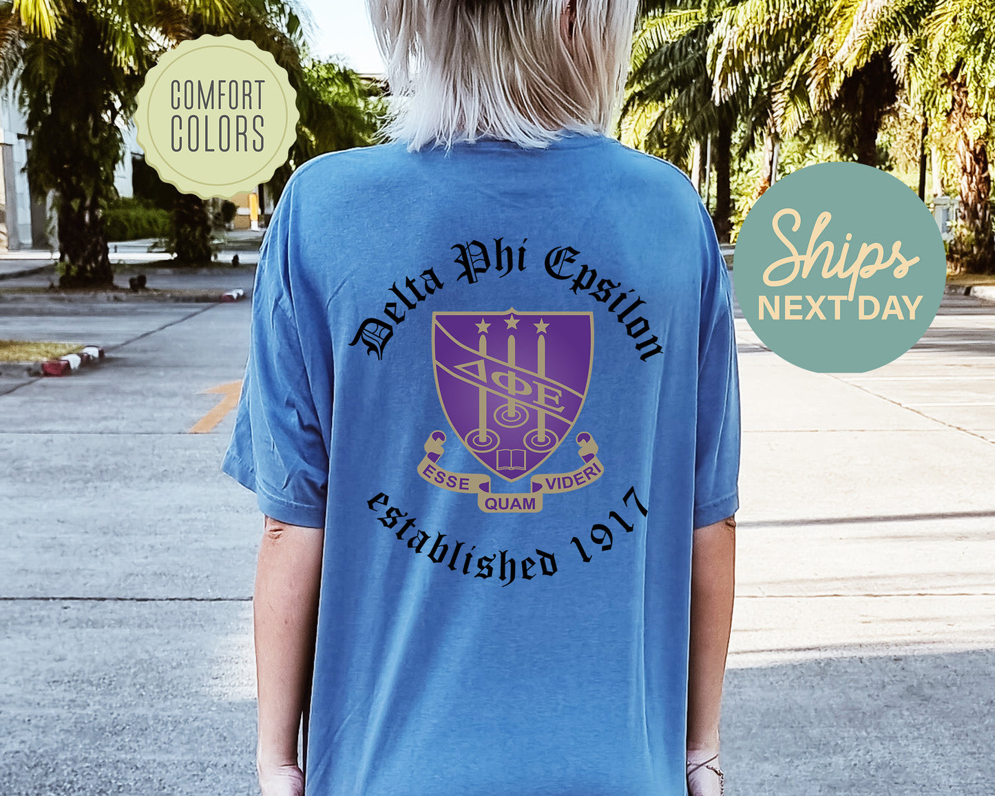 Delta Phi Epsilon Old English Crest Comfort Colors Sorority T-shirt _ 32932g