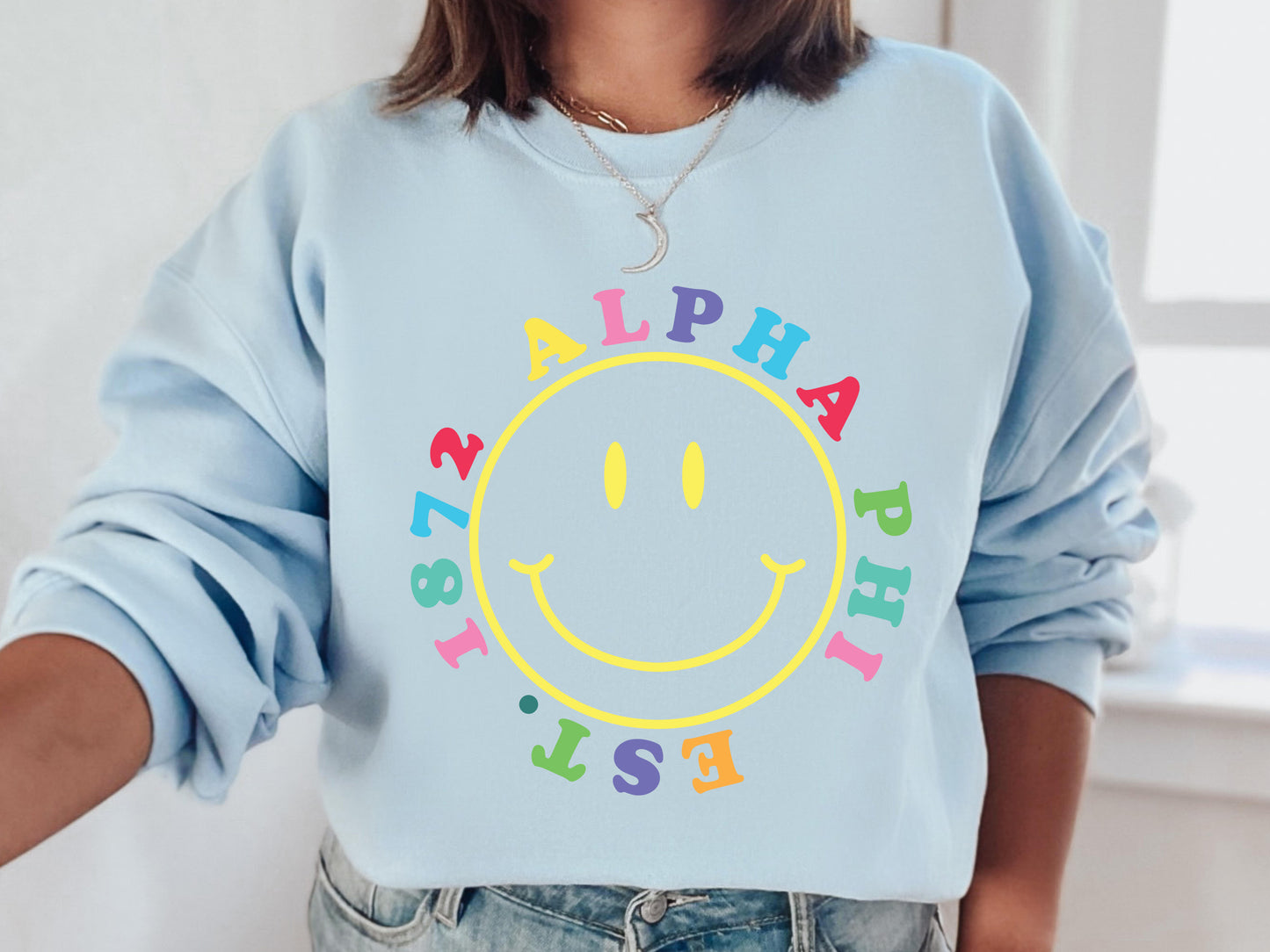 Alpha Phi Radiating Smiley Face Sorority Sweatshirt _ 3232g