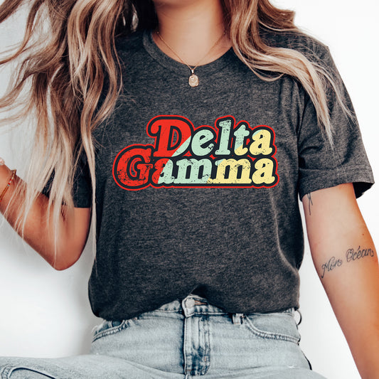 a woman with long hair wearing a shirt that says delta gama