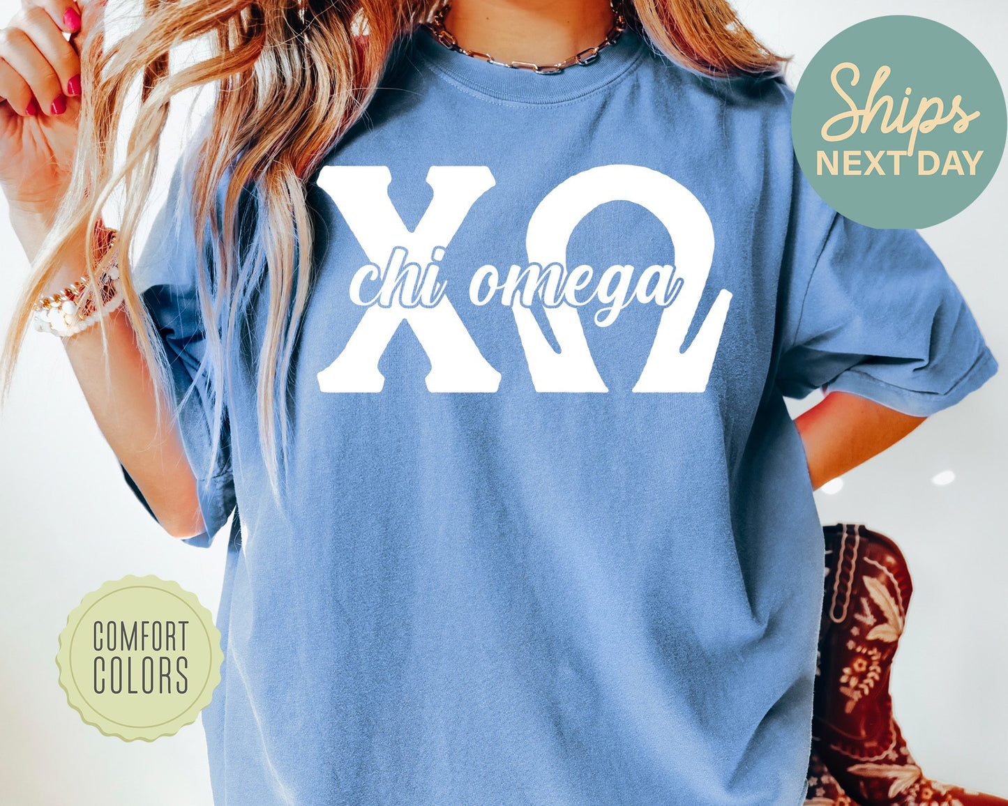 Chi Omega Sliced White Letters Comfort Colors Sorority T-shirt _ 2247g
