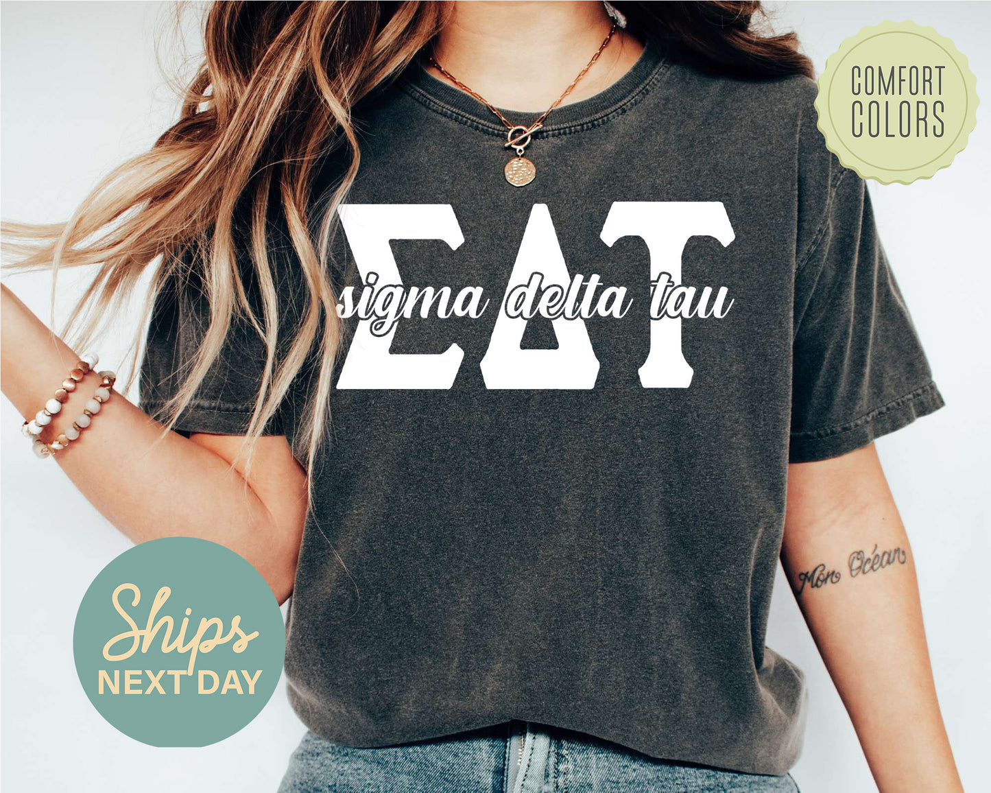 Sigma Delta Tau Sliced White Letters Comfort Colors Sorority T-shirt _ 2259g
