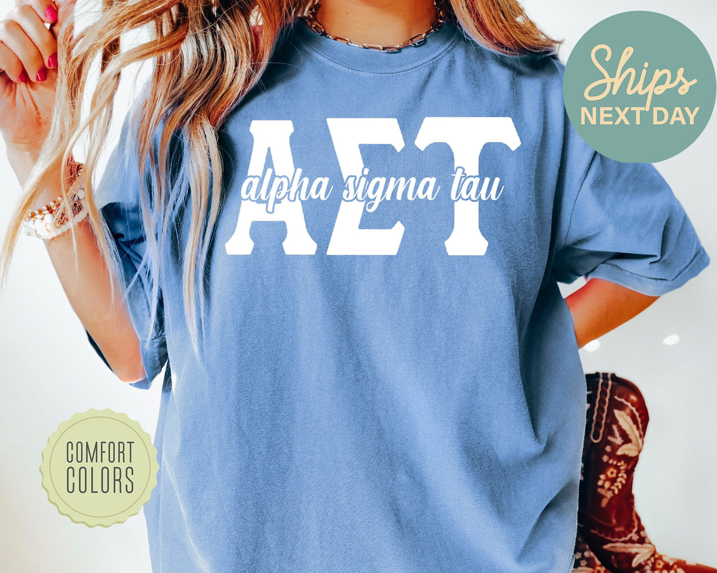Alpha Sigma Tau Sliced White Letters Comfort Colors Sorority T-shirt _ 2245g