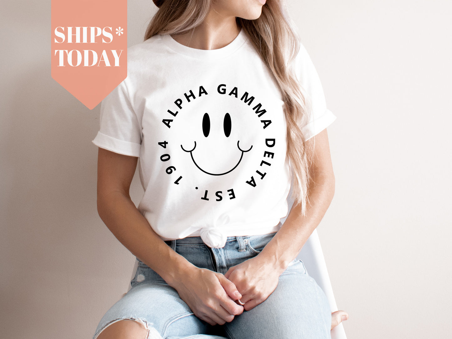 Alpha Gamma Delta Smiley Face Halo Sorority T-shirt _ 2502g