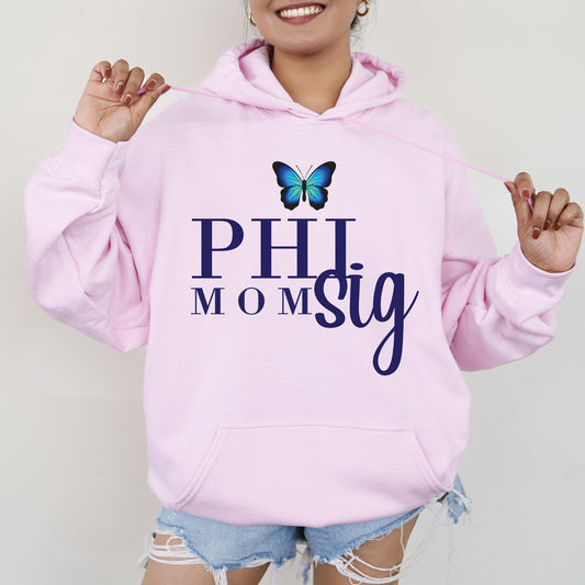 a woman wearing a pink hoodie with a butterfly on it