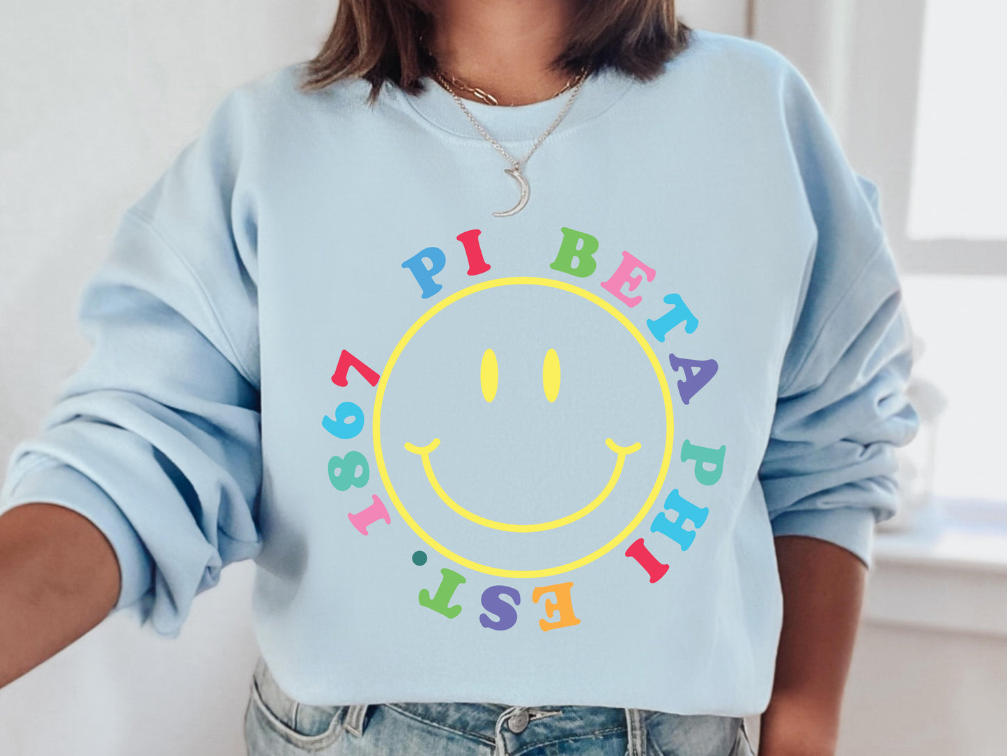Pi Beta Phi Radiating Smiley Face Sorority Sweatshirt _ 3249g