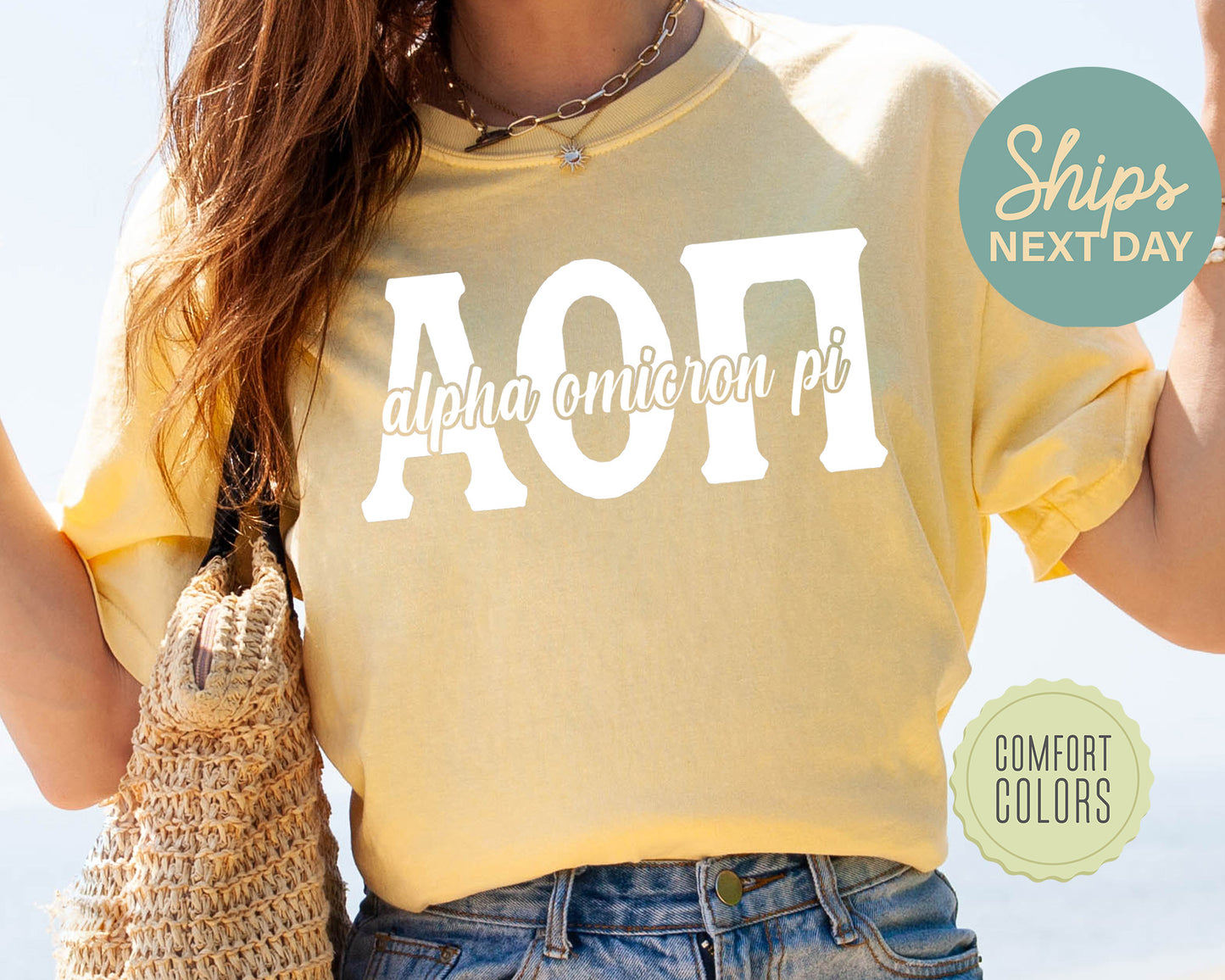 Alpha Omicron Pi Sliced White Letters Comfort Colors Sorority T-shirt _ 2242g
